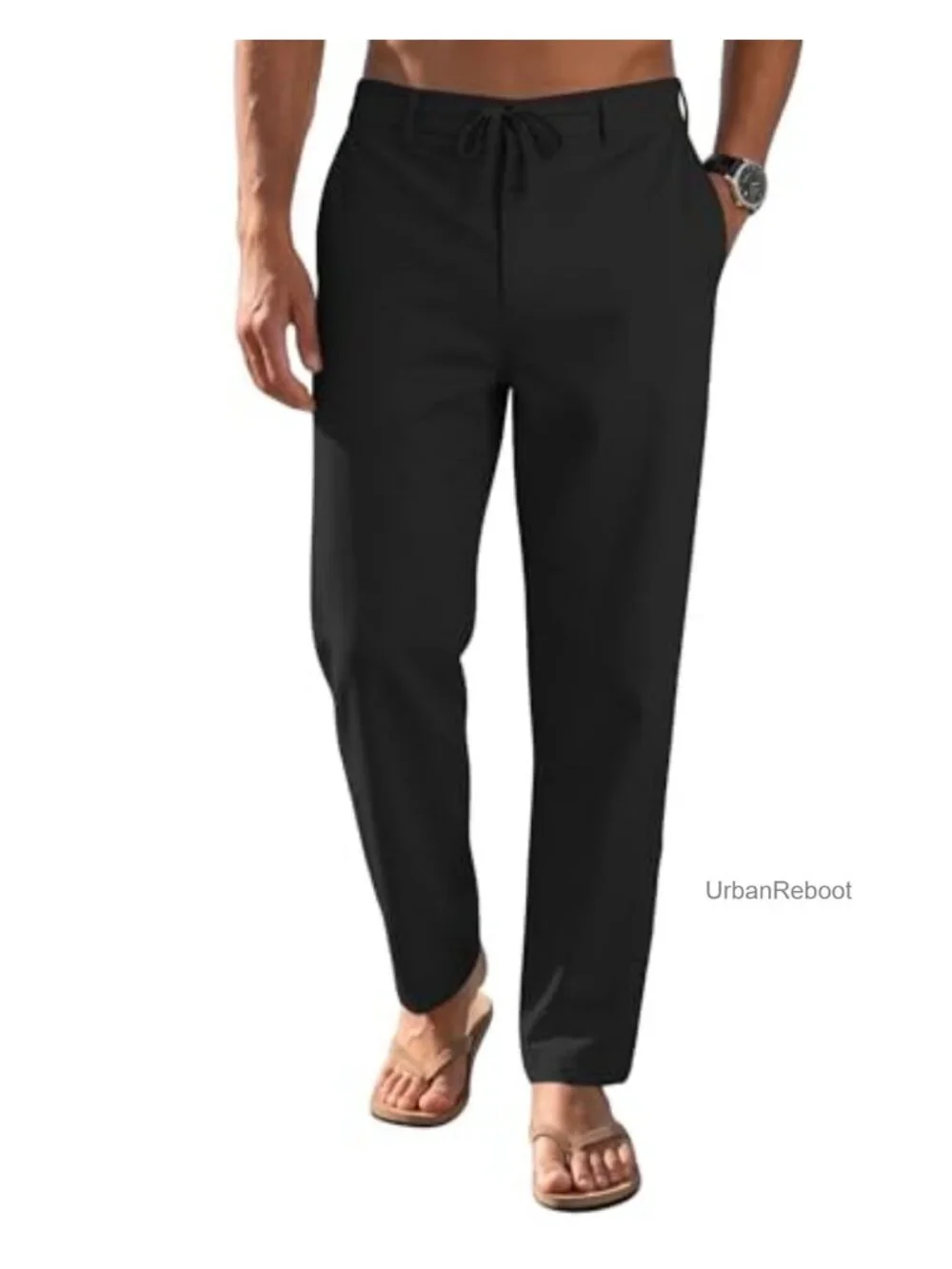 Mens Casual Linen Pants Relaxed Straight Fit Lightweight Beach Trousers